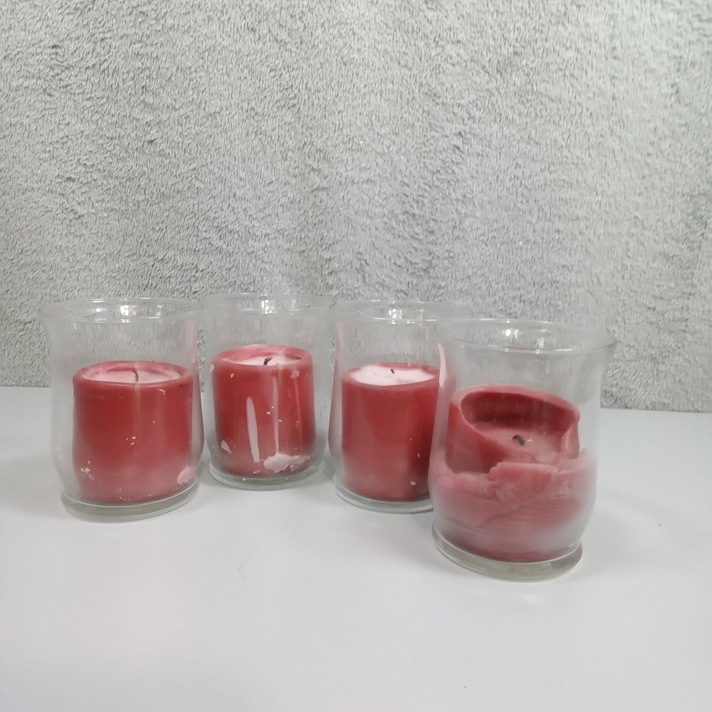 Set of 4 Red Pillar Candles in Clear‎ Glass Hurricane Holders 4.5 Inch Height